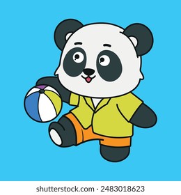 Flat Vector Cute Cartoon Panda Character with Surfing and Ball Happy Summer Beach