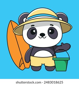 Flat Vector Cute Cartoon Panda Character with Surfing and Ball Happy Summer Beach