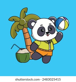 Personaje de panda de dibujos animados lindo del Vector plano con el surf y la bola playa feliz del verano