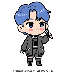Image vectorielle à plat d'une jolie idole K-pop de style chibi avec des cheveux colorés et un microphone, avec un contour noir, une palette de couleurs minimale, idéale pour les autocollants ou les mascottes. Arrière-plan blanc clair.