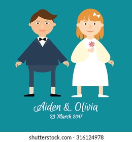 Flat vector cute couple in love celebrating a wedding