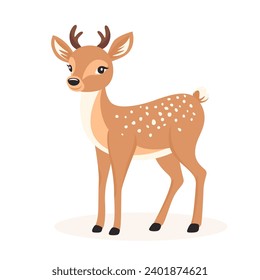 Flat Vector Cute Deer. Little Deer Icon. Adorable Walking Deer or Reindeer Cartoon Character Isolated on White Background, Side View