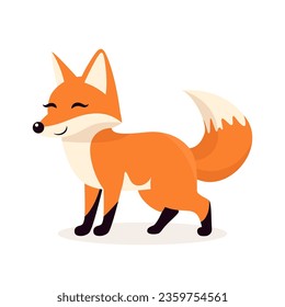 Flat Vector Cute Fox. Little Fox Icon. Adorable Walking Fox Cartoon Character Isolated on White Background, Side View