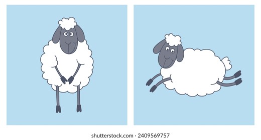 Flat Vector Cute Funny Sheep - Standing and Flying. Cartoon Sheep Character. Vector Illustration