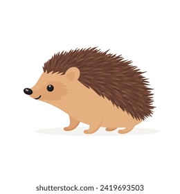 Flat Vector Cute Hedgehog. Little Hedgehog Icon. Adorable Walking Hedgehog Cartoon Character Isolated on White Background, Side View