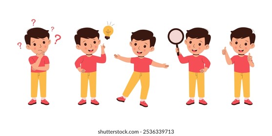 Vetor plano de menino bonito pensando uma ideia. Pensamento pensivo com ponto de interrogação, Menino segurando lupas, segurando polegares no vetor de sinal ok. Ilustração de vetor na moda plana