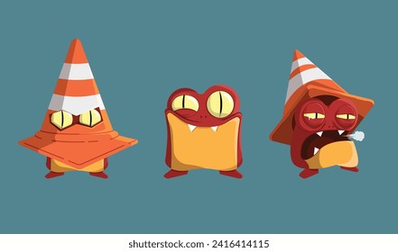 Flat Vector Cute Monster Playing with Traffic Cone