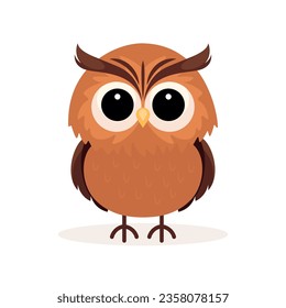 Flat Vector Cute Owl Bird. Little Owl Icon. Adorable Cartoon Owl Character Isolated on White Background, Front View