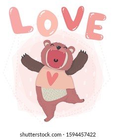 flat vector cute pink teddy bear open mouth smile with love word hand writing, cute animal character idea for child and kid printable stuff and t shirt, greeting card, nursery wall art, postcard