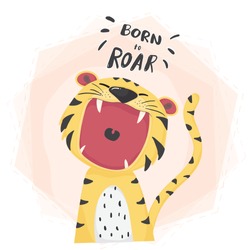 Flat Vector Cute Tiger Open Mouth Roar, Born To Roar, Cute Animal Character Idea For Child And Kid Printable Stuff And T Shirt, Greeting Card, Nursery Wall Art, Postcard