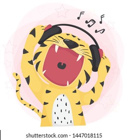 flat vector cute tiger open wild mouth listening to music and singing , idea for childhood printable tee or clothing