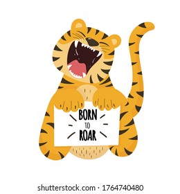 Flat vector cute tiger open mouth roar, born to roar, cute animal character idea for child and kid printable stuff and t shirt, greeting card, nursery wall art, postcard