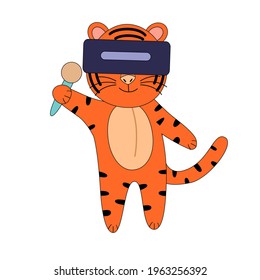 flat vector cute tiger playing computer games.