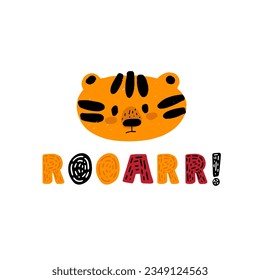 Flat vector cute tiger, roar, cute animal character idea for child and kid printable stuff and t shirt, greeting card, nursery wall art, postcard