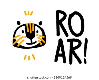 Flat vector cute tiger,  roar, cute animal character idea for child and kid printable stuff and t shirt, greeting card, nursery wall art, postcard