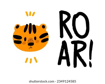 Flat vector cute tiger,  roar, cute animal character idea for child and kid printable stuff and t shirt, greeting card, nursery wall art, postcard