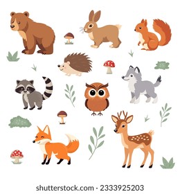 Flat Vector Cute Wild Animals Set - Grizzly Bear, Hare or Rabbit, Squirrel, Raccoon, Hedgehog, Wolf, Owl, Fox, Deer. Forest Cartoon Aanimals. Woodland Animal Collection