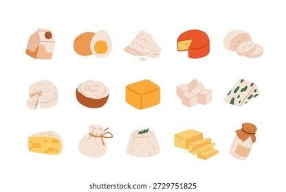 Conjunto de productos lácteos y quesos de Vector plano aislado sobre fondo blanco. Leche, mantequilla, huevos, nata, yogur, requesón, parmesano, cheddar, queso azul, cubitos de queso, colección de productos lácteos