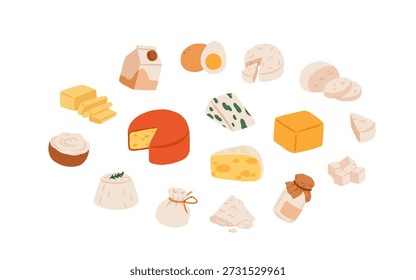 Conjunto de productos lácteos y quesos de Vector plano aislado sobre fondo blanco. Leche, mantequilla, huevos, nata, yogur, requesón, parmesano, cheddar, queso azul, cubitos de queso, colección de productos lácteos