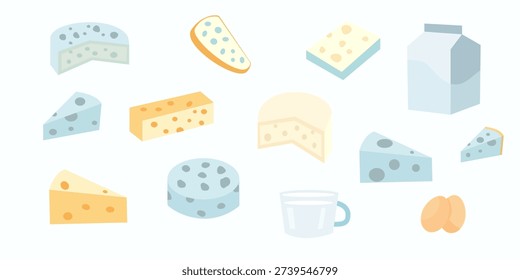 Flat vector dairy and cheese products isolated on white background. Syut, tereyagy, yumurta, crema, yogurt, suzme peynir, parmesan, chedar, mavi peynir, peynir kyupleri, sut erzuleni gemma