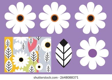 Platte vector van daisy-stijl bloemen en bladeren op een paarse achtergrond. Bevat aanvullende botanische elementen in een doos sectie.