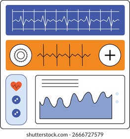 Flat Vector Dashboard Displaying Vital Signs With Graphs for Blood Pressure, Heart Rate, and Body Temperature in a Clean Minimal Medical Interface for Health Monitoring and Analysis