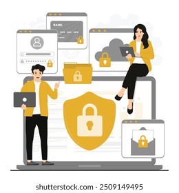 Protección de datos de Vector plano, seguridad de datos, seguridad de datos personales, ilustración de concepto de seguridad de datos cibernéticos