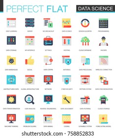 Flat vector data science, big data analytics, cloud computing icons.