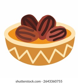 Vector plano de dátiles en un cuenco, un alimento simbólico y esencial para el Ramadán y las celebraciones islámicas. Ideal para temas culturales, religiosos y de alimentación saludable.