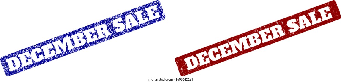 Flat vector DECEMBER SALE rubber imitations with distress surfaces. Rounded Rectangle stamps. Red and blue distress seal stamps with DECEMBER SALE phrase inside rounded rectangle.