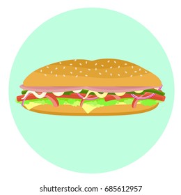 Flat vector delicious colorful big sub sandwich with bacon, lettuce, tomato, pepper, cheese, onion. Tasty cartoon colorful fastfood symbol for cafe, bar, restaurant menu design