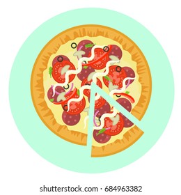 Flat vector delicious colorful pizza with salami, mushrooms, tomato, pepper icon. Tasty cartoon colorful fastfood symbol for cafe, bar, restaurant menu design.