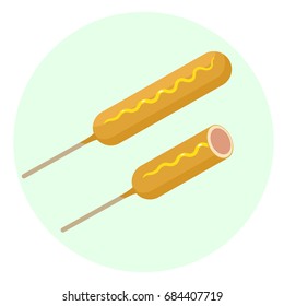 Flat vector delicious corn dog with sausage in dough and mustard icon, toad in the hole. Tasty cartoon colorful fastfood symbol.