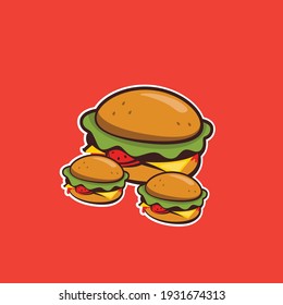 Flat vector delicious hamburger with patty-cake, tomato, lettuce and cheese icon. Tasty cartoon colorful take away fastfood symbol