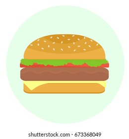 Flat vector delicious hamburger with patty-cake, tomato, lettuce and cheese icon. Tasty cartoon colorful take away fastfood symbol