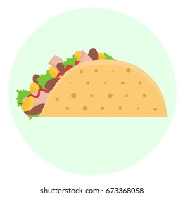 Flat vector delicious tacos with lettuce, chicken meet, corn and kidney bean in tortilla icon. Tasty cartoon colorful take away fastfood with meat and vegetables symbols