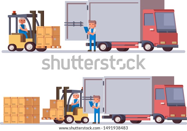 Flat Vector Delivery Truck Forklift Loading Stock Vector Royalty Free 1491938483