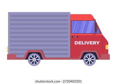 Ilustración de camión de entrega de Vector plano en vista lateral. Furgoneta de carga de dibujos animados aislada sobre fondo blanco para logística, envío, mensajería, transporte, conceptos comerciales.