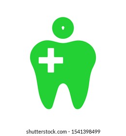 Flat Vector Dental Icon in Green Color. Tooth Flat Vector Icon With Plus Sign. 