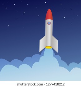 Flat Vector Depicting A Startup Launch In Shape Of A Rocket Ship Taking Off On Blue Background With Stars.