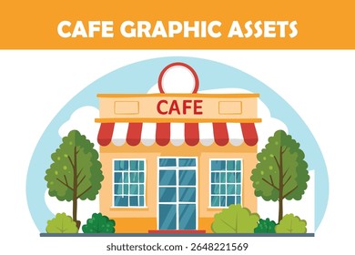 Representação vetor plana de uma loja acolhedora café com toldos com listras vermelhas e árvores exuberantes. Perfeito para marca de restaurante, menus e design de hospitalidade.