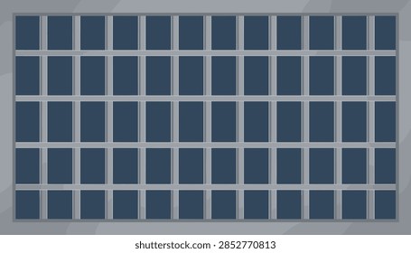 Flat vector depiction of a prison window or cell door with metal security bars on a dark grey wall.