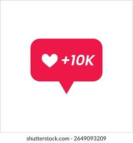 Flat vector design of +10K social media heart icon. Suitable for app notifications, post engagement visuals, or UI UX elements in social content.