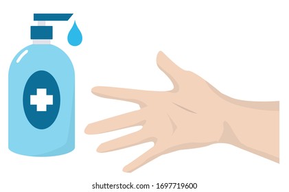 Flat vector design of alcohol sanitizer gel and human hand on white back ground, alcohol gel is used to decrease infectious agents