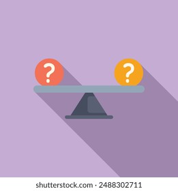 Flat vector design of a balance scale with question marks, symbolizing decision making