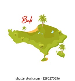 Flat vector design of Bali map. Green island with palm trees and sand beaches. Element for travel postcard