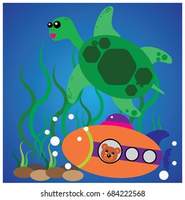 Flat Vector Design, Bear, Turtle, Giraffe, and Pig are best friend , For Kids T Shirt Design, Wallpaper, Drawing Book And Illustration
