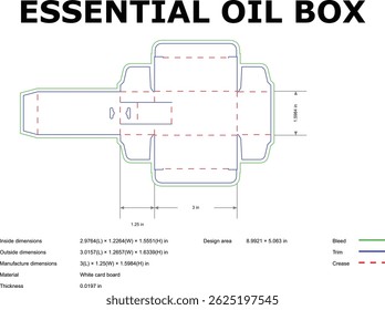 Flat vector design blueprint of an essential oil packaging box with measurement details