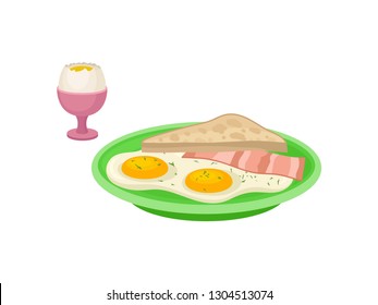 Flat vector design of boiled egg in pink cup, green plate with fried eggs, slice of bacon and bread. Tasty breakfast