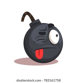 Flat vector design of bomb emoji. Face with winking eye and red stuck-out tongue. Cartoon graphic element for mobile app, social network sticker or print
